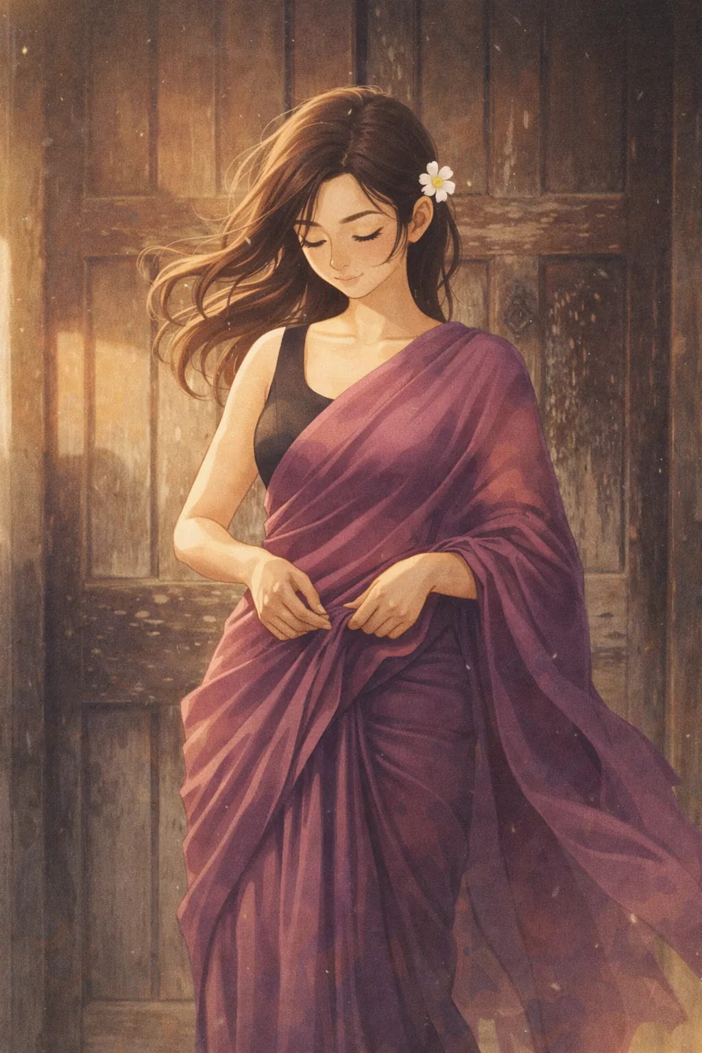 Studio Ghibli inspired illustration of a woman in a purple saree standing in front of an old wooden door with soft cinematic lighting